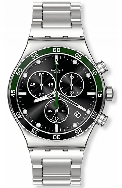 SWATCH Dark Green Irony Chronograph Silver Stainless Steel Bracelet   YVS506G