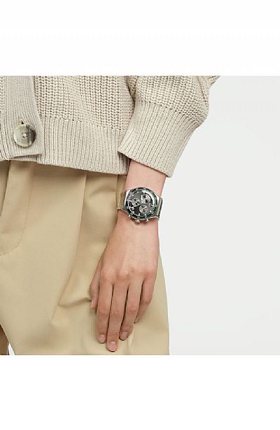 SWATCH Dark Green Irony Chronograph Silver Stainless Steel Bracelet YVS506G